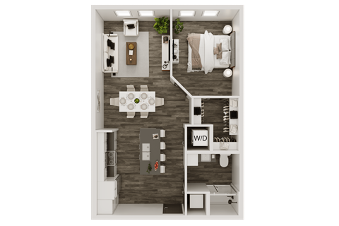 Floor plan for 1 bed, 1 bath, 697 sqft